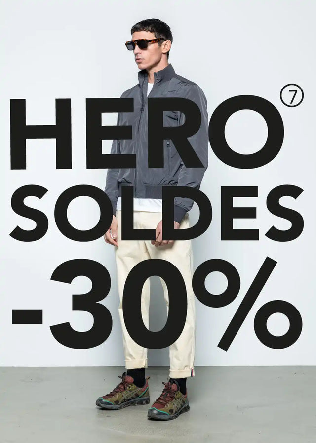 Publicité de mode présentant une promotion de vente à 30 % sur les 'HERO SOLDES'.