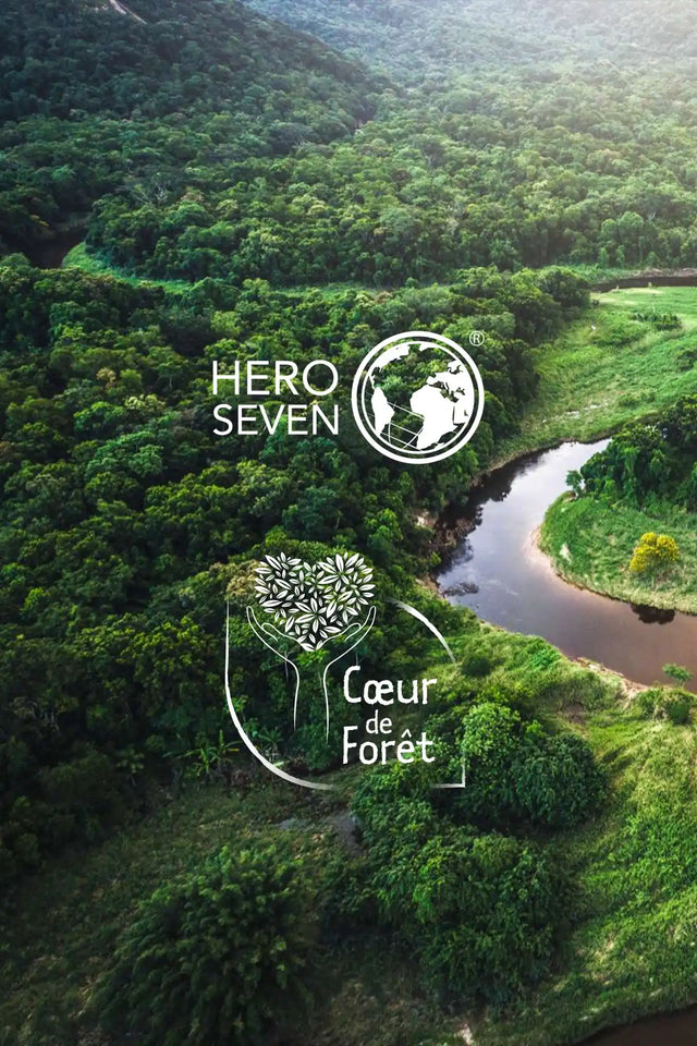 Rivière sinueuse traversant une dense forêt tropicale avec les logos ’Hero Seven’ et ’Coeur de Foret’ superposés.