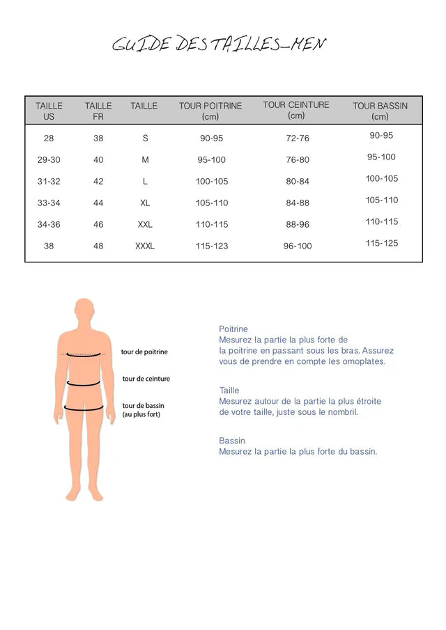 Table des tailles avec un guide de mesure montrant un contour corporel simple pour les mesures de vêtements.